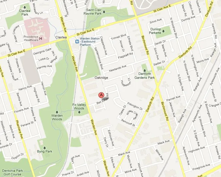 Map showing the area around Warden Avenue, Danforth Road, and St. Clair Avenue East in Toronto
